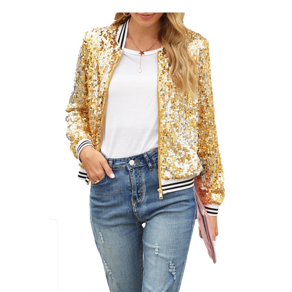 New Women’s Sequin Jackets Sparkle Long Sleeve Zipper Bomber Jacket Lightweight